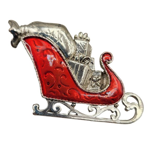 Danecraft Enamel Christmas Sleigh Brooch Safety Clasp - Picture 1 of 3